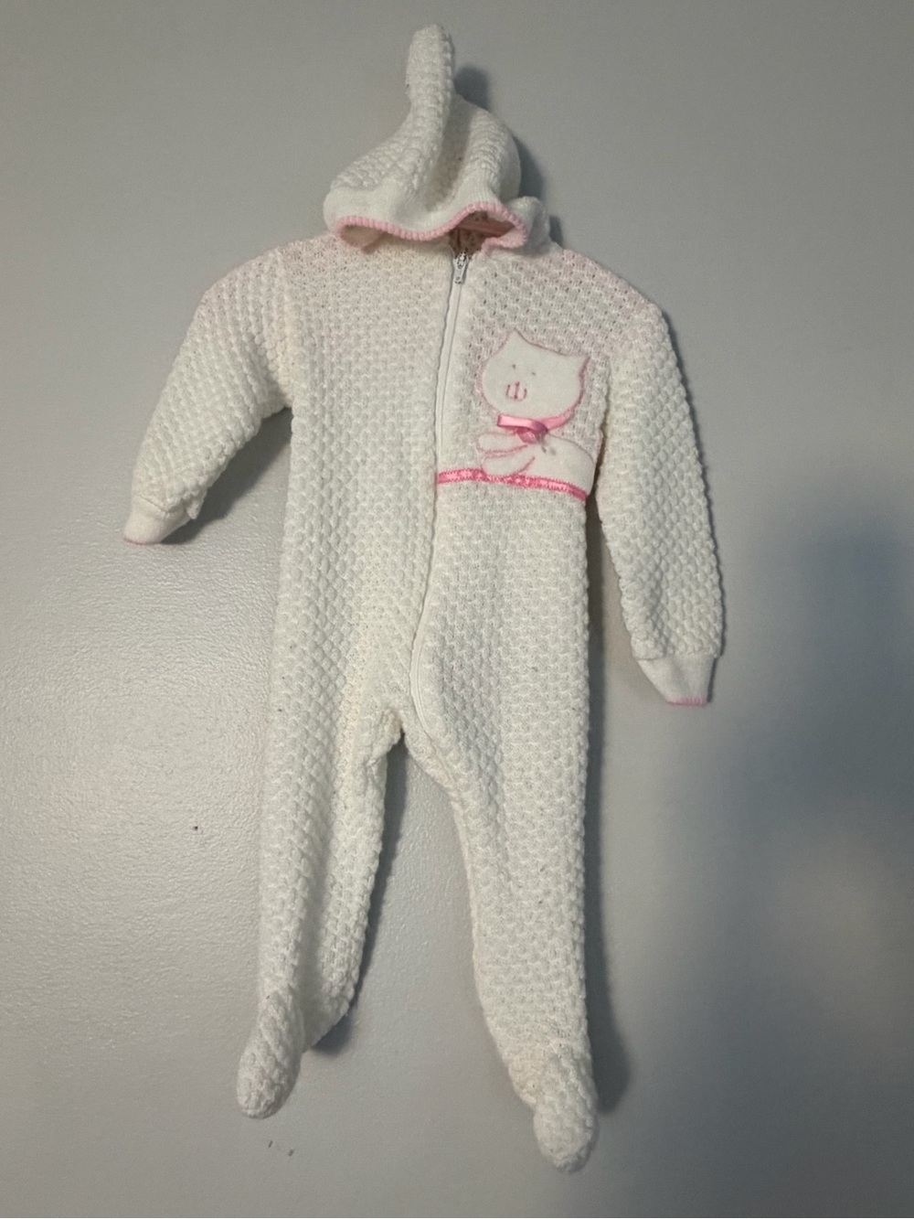 Vintage Plush White & Pink Hooded Baby One-Piece with Cat Applique